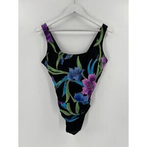 Vintage Robby Len Swimsuit Womens 14 Black Floral Tropical One Piece Knotted
